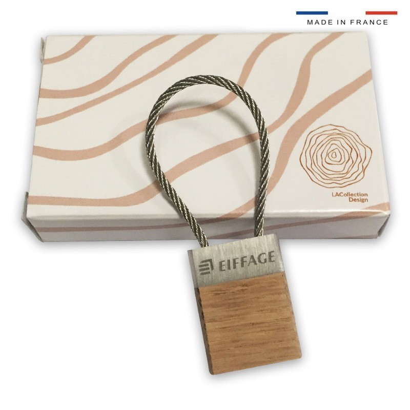Porte-clés bois métal. Chêne massif et aluminium. Câble acier, Eiffage. [Lot de 5 pièces]