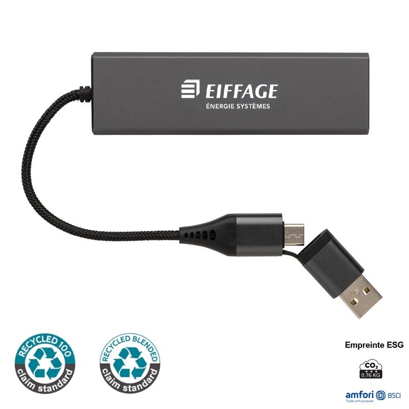 Hub avec 3 ports USB en aluminium recyclé RCS Terra - gris EES