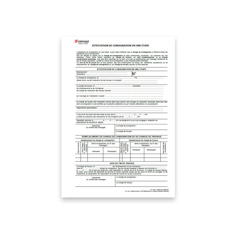 Carnet Attestation de consignation en une étape EES. [Lot de 15 pièces]