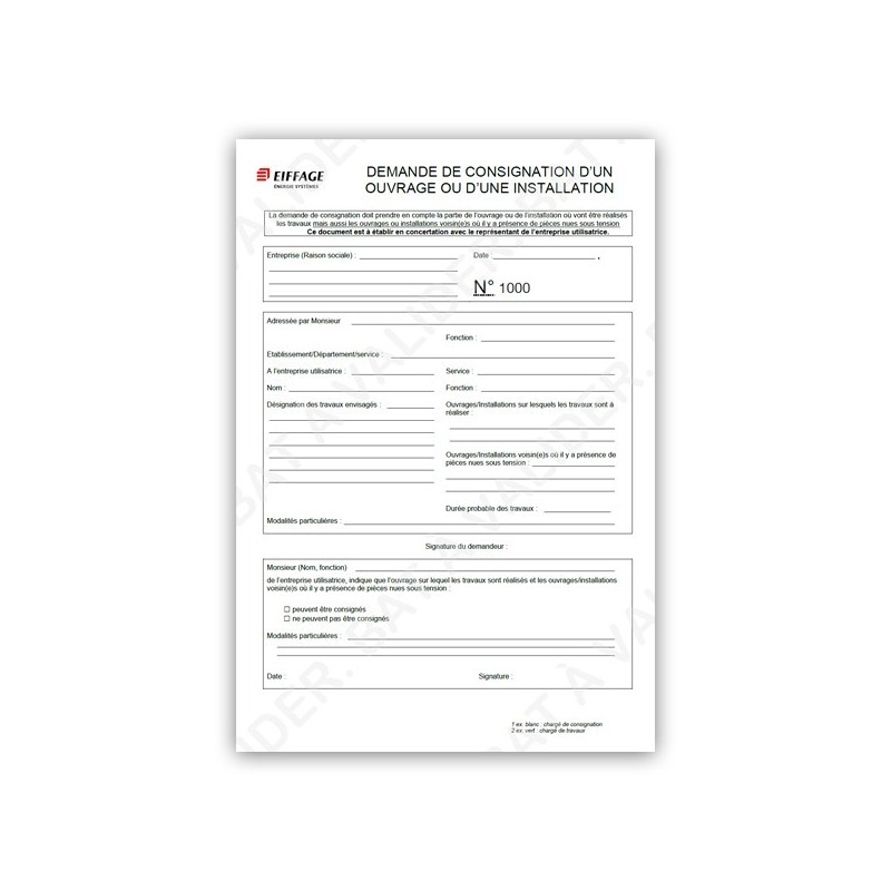 Carnet demande de consignation EES. [Lot de 10 pièces]