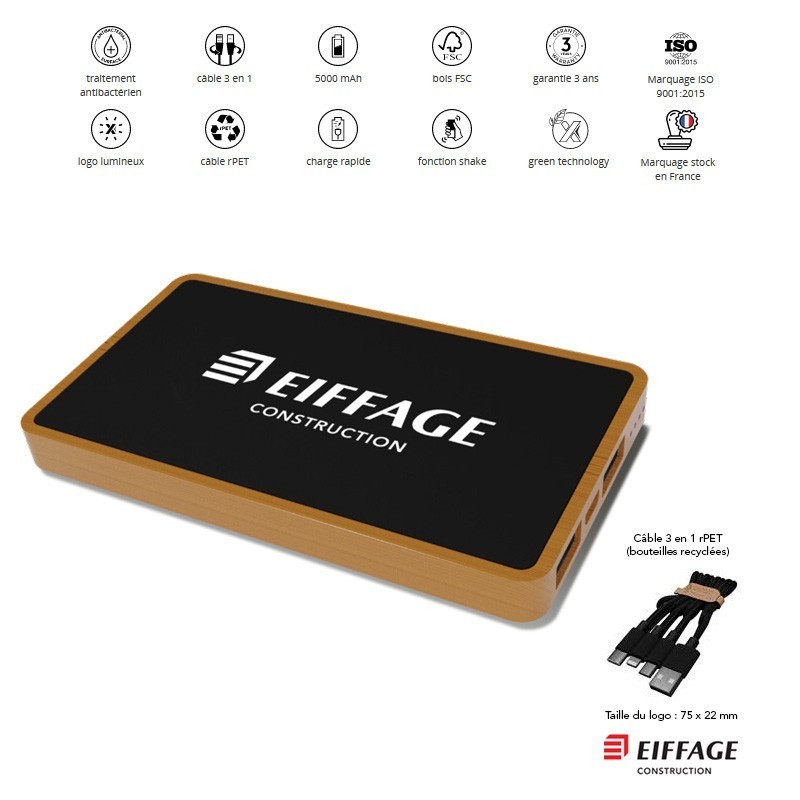 Powerbank 5000mAh en bois FSC et antibactérien