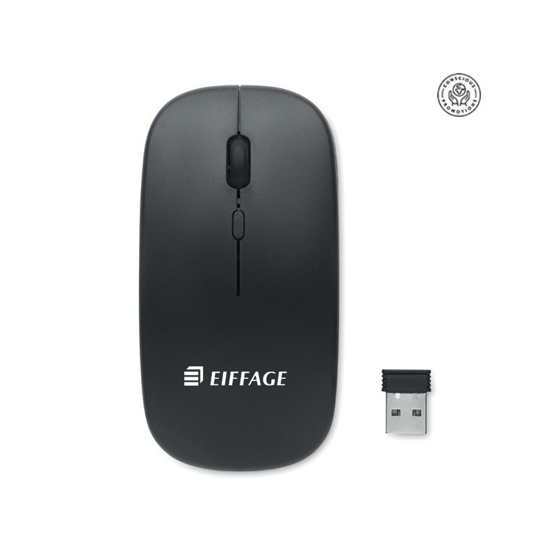 Souris optique sans fil, en ABS recylé, coloris noir, logo Eiffage.