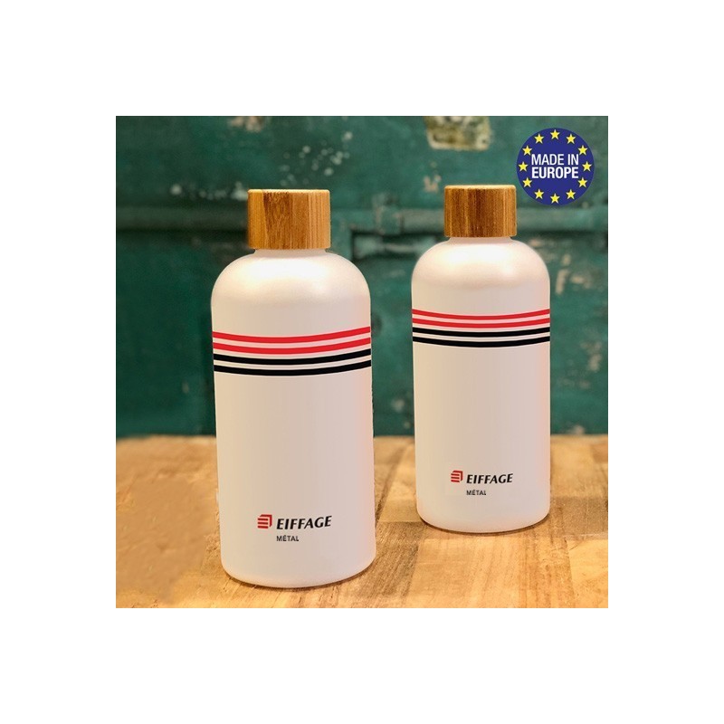 Bouteille Naturelle blanc givré , bouchon bambou capacité 500ml Logo Eiffage Métal.